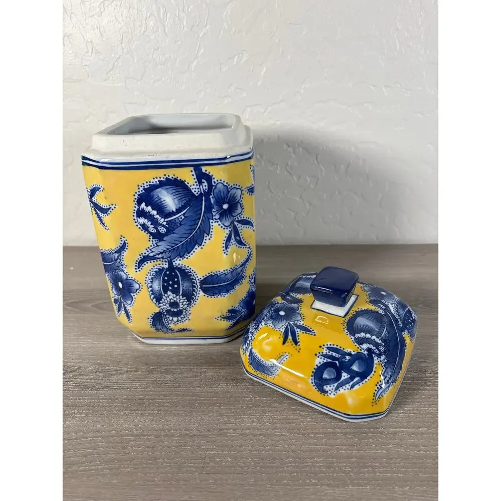 Chinese Chinoiserie-Inspired BLUE & YELLOW Rectangular Lidded Canister 10